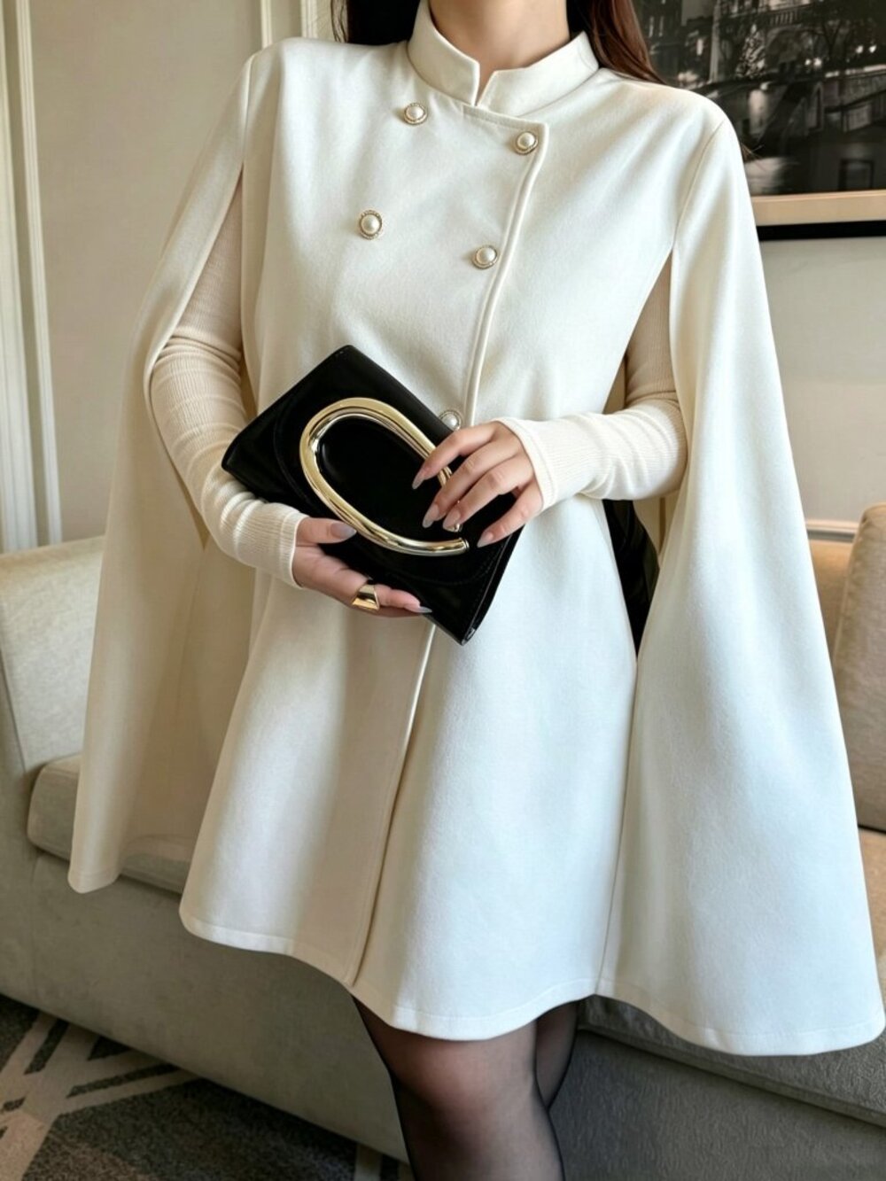 White Elegant Women's Plus Size Double-Breasted Cape Coat